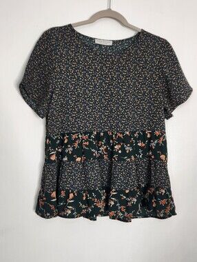 ​Papercrane Mixed Floral Tiered Babydoll Top Small Black Green Ditsy Ruffle Boho